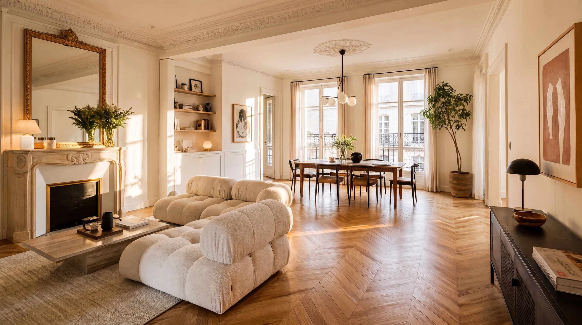 Parquet en chevrons disposé selon un motif géométrique régulier, présentant des lames de bois aux teintes chaudes dorées et brunes
