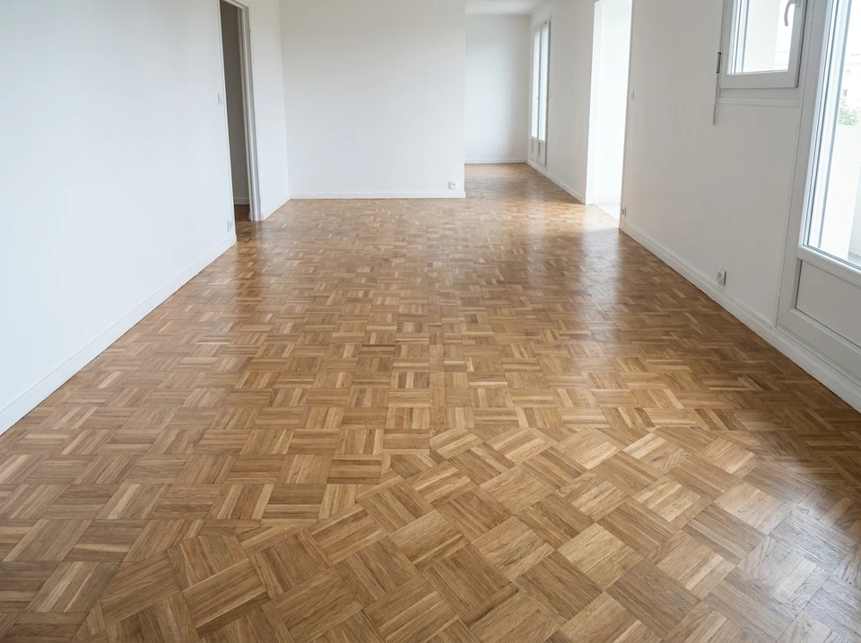 Couloir intérieur avec parquet en bois massif de chên, teinte miel dorée